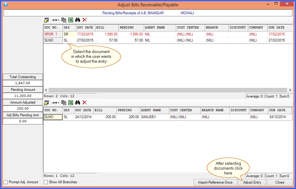 fmcg bank receipts adjust bills